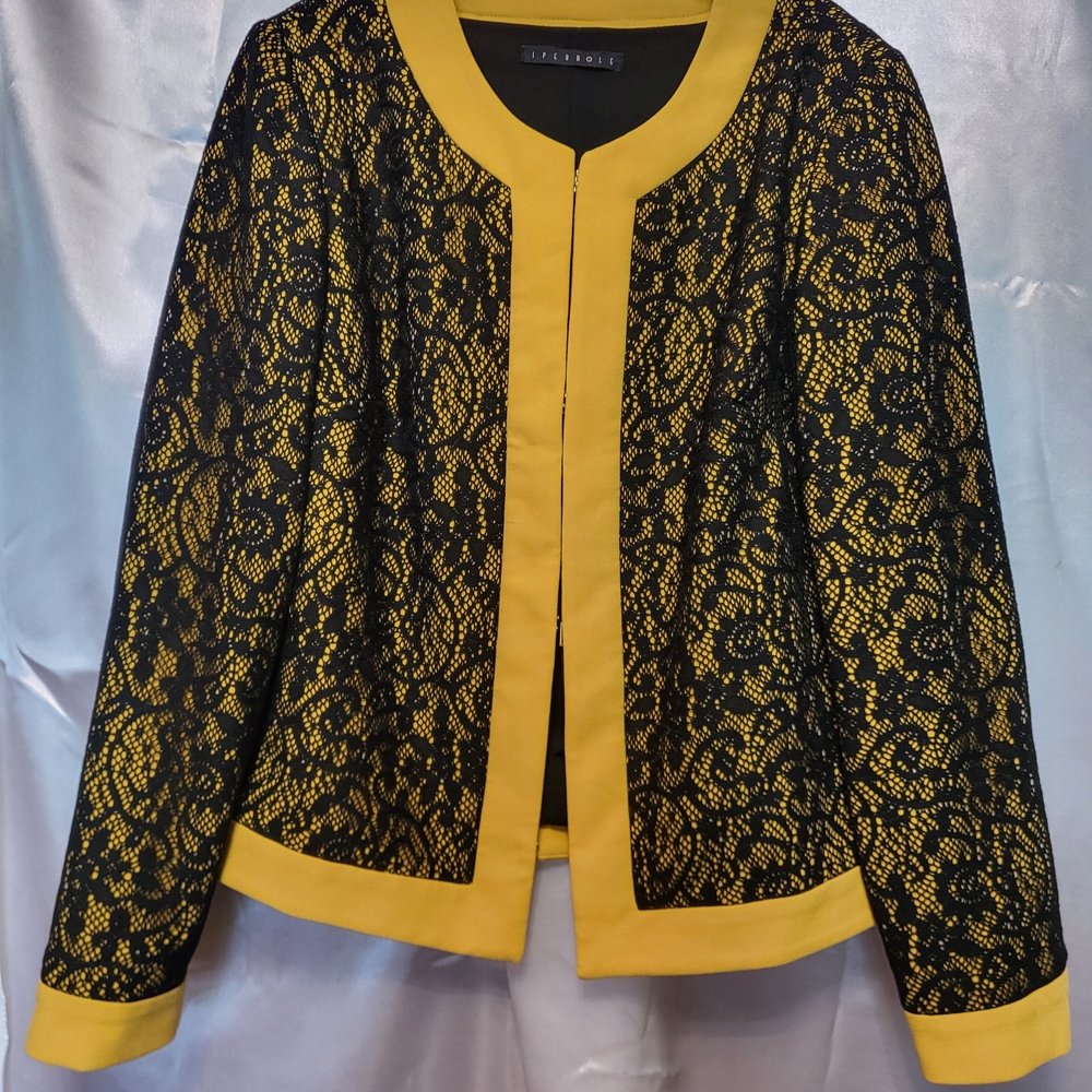 Yellow and Black Blazer with Lace Overlay and Cardigan Style